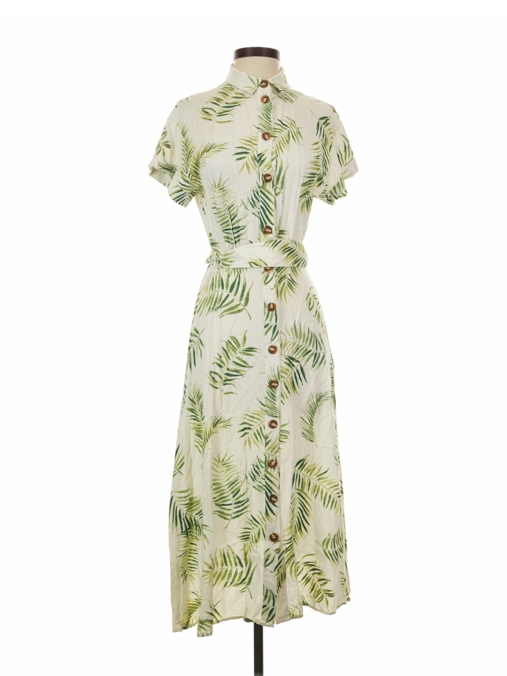 H&M Cream and Green Midi Dress with Tropical Leaf Print Size 6